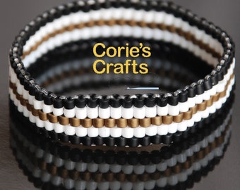 Handwoven Beaded Cuff Bracelet | Black, White & Gold Delica Miyuki Beads