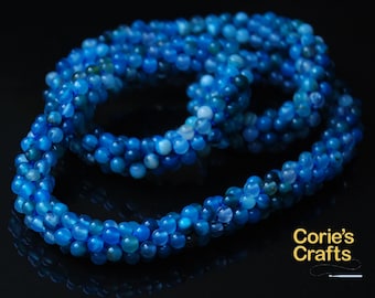 Handmade Blue Striped Agate Stone Beaded Crochet Necklace, Handmade Crocheted Natural Stone Necklace With Blue Striped Agate Stone Beads