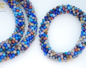 Brown and Blue Handmade Beaded Jewelry Set, Beaded Crochet Necklace, Beaded Bracelet, Handmade Earrings