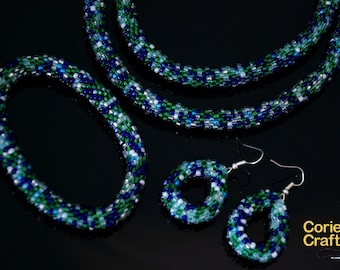 Handmade Crochet Seed Bead Jewelry Set: Necklace, Bracelet & Earrings