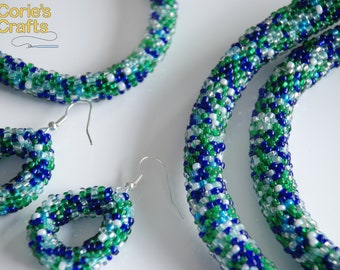 Handmade Beaded Crochet Jewelry Set; Thick Necklace, Bracelet, Earrings, Dark Blue, Light Blue, Green, White & Clear Tiny Seed Beads
