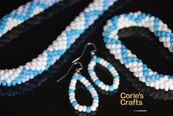 Handmade White Light Blue & Light Purple Chevron Beaded Jewelry Set Including Handmade Necklace Beaded Crochet Bracelet + Handmade Earrings