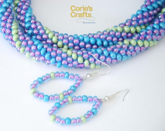 Handmade Purple, Green, and Blue Beaded Crochet Jewelry Set Featuring a Handmade Necklace and  Handmade Beaded Earrings