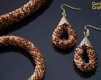 Handmade Brown Beaded Jewelry Set Including Handmade Beaded Crochet Necklace + Brown Beaded Bracelet + Handmade Bead Crochet Earrings
