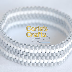 Handmade Silver and White Horizontal Stripe Peyote Cuff Bracelet With Optional Matching Beaded Earrings as Beaded Jewelry Set