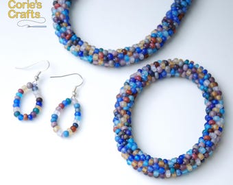 Brown and Blue Handmade Beaded Jewelry Set, Beaded Crochet Necklace, Beaded Bracelet, Handmade Earrings