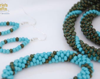 Handmade Colorful Spiral Beaded Jewelry Set Consisting of a Bead Crochet Necklace, Bracelet Jewelry Set, Army Green and Turquoise Blue