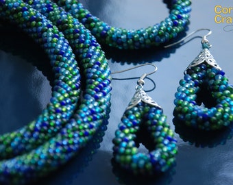 Green and Blue Handmade Beaded Jewelry Set, Beaded Crochet Necklace, Beaded Bracelet, Handmade Earrings
