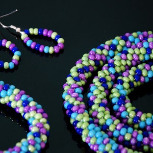 Handmade Colorful Beaded Jewelry Set Consisting of a Bead Crochet Necklace, Bracelet Jewelry Set, Teal, Purple, Green and Blue
