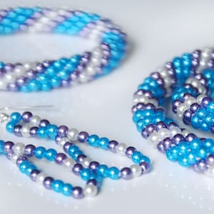 Handmade Purple and Teal Beaded Jewelry Set Including Beaded Crochet Necklace + Beaded Bracelet and Handmade Purple and Teal Earrings