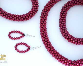 Handmade Red Beaded Jewelry Set Including a Handmade Beaded Crochet Necklace, Handmade Beaded Bracelet, Matching Handmade Earrings