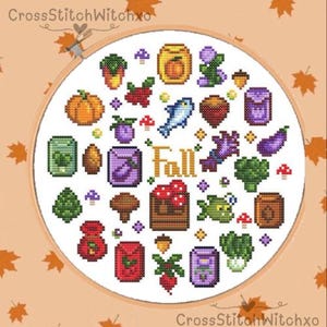 Stardew Fall - Cute, Stardew Valley, Plants, Flowers, Fall, Mushrooms, Cross Stitch Pattern, Videogame PDF Downloadable