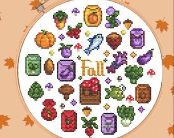 Stardew Fall - Cute, Stardew Valley, Plants, Flowers, Fall, Mushrooms, Cross Stitch Pattern, Videogame PDF Downloadable