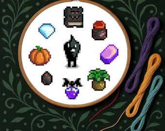 Krobus's Favourite Things - Videogame Cross Stitch Pattern, Stardew Valley, Cute, Flower, PDF Downloadable, Game