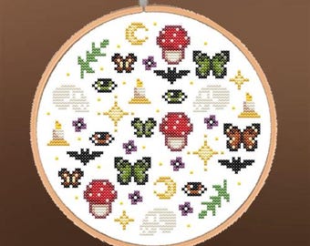Spellbound - Mushroom, Skull, Bat, Spooky, Witch, Candle, PDF Downloadable Pattern, Cross Stitch Pattern