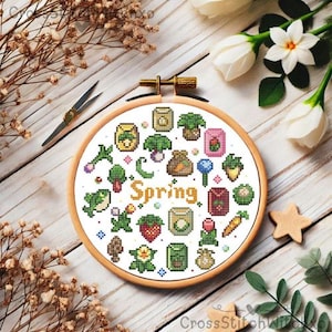 Stardew Spring - Cute, Stardew Valley, Flowers, Spring, Mushroom, Cross Stitch Pattern, Videogame PDF Downloadable