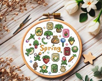 Stardew Spring - Cute, Stardew Valley, Flowers, Spring, Mushroom, Cross Stitch Pattern, Videogame PDF Downloadable