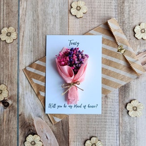 Serez-vous ma demoiselle d'honneur ? Carte de proposition personnalisée de demoiselle d'honneur avec des fleurs séchées, carte florale personnalisée, idée de proposition unique