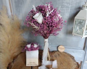 Wedding set: Purple Bridal Bouguet and matching Pocket Boutonniere for Groom, White stabilized roses and violet stabilized Gypsophila