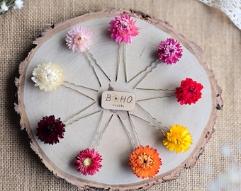 Dried flower hair pins, Rustic boho wedding hair accessories, Colorful bridal hairpins, Natural hair accessories