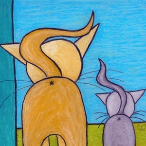Kitty Butt Art Print, Funny Cat Butt Wall Art, Blue and Yellow Cat Print, Bathroom Wall Art, Cat Lover Gift, Humorous Cat Illustration, Cats image 1