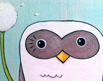 Cute Little White Owl Print, Nursery Wall Art, Danish Pastel Room Decor, Dandelion, Owl Themed Gifts, Owl Lover, Snowy Owl, Cartoon Owl Art