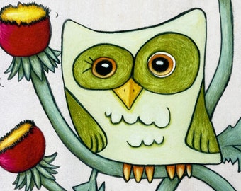 Owl Art Print, Vibrant Green Owl on Red Flowers, Owl Illustration, Gift for Owl Lover, Woodland Animal Owl Decor, Owl Gift, Colorful Owl Art