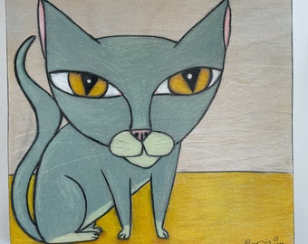 Original Cat Drawing, Cat Daddy Gift, Cat Wall Art, Modern Cat Artwork, Cat Decor, Cat Lover Fathers Day Gift, Kitty Art, Whimsical Cat Art