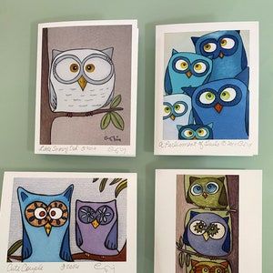 Cute Owl Cards Set, Boxed Owl Note Cards, Art Notecards, Gifts for Bird Lover, Gifts for Teachers, Gift Under 30, Colorful Owl Art Cards Set image 1