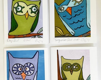 Cool Owl Art Cards Set, Owl Blank Greeting Cards, Artsy Gifts, Snail Mail Cards, Art Note Cards, Colorful Owl, Purple Turquoise Owl Cards