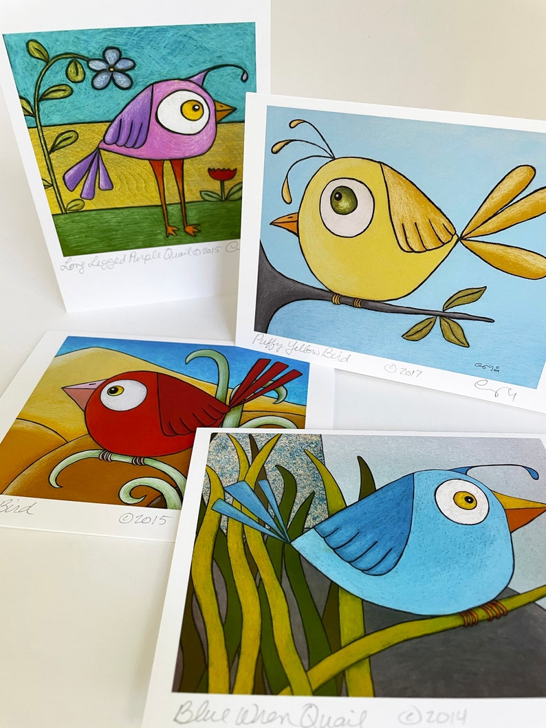 Bright Happy Bird Boxed Greeting Cards Set, Funny Bird Art, Colorful Bird Drawing, Bird Note Cards Set, Blank Bird Cards, Whimsical Bird Art image 2