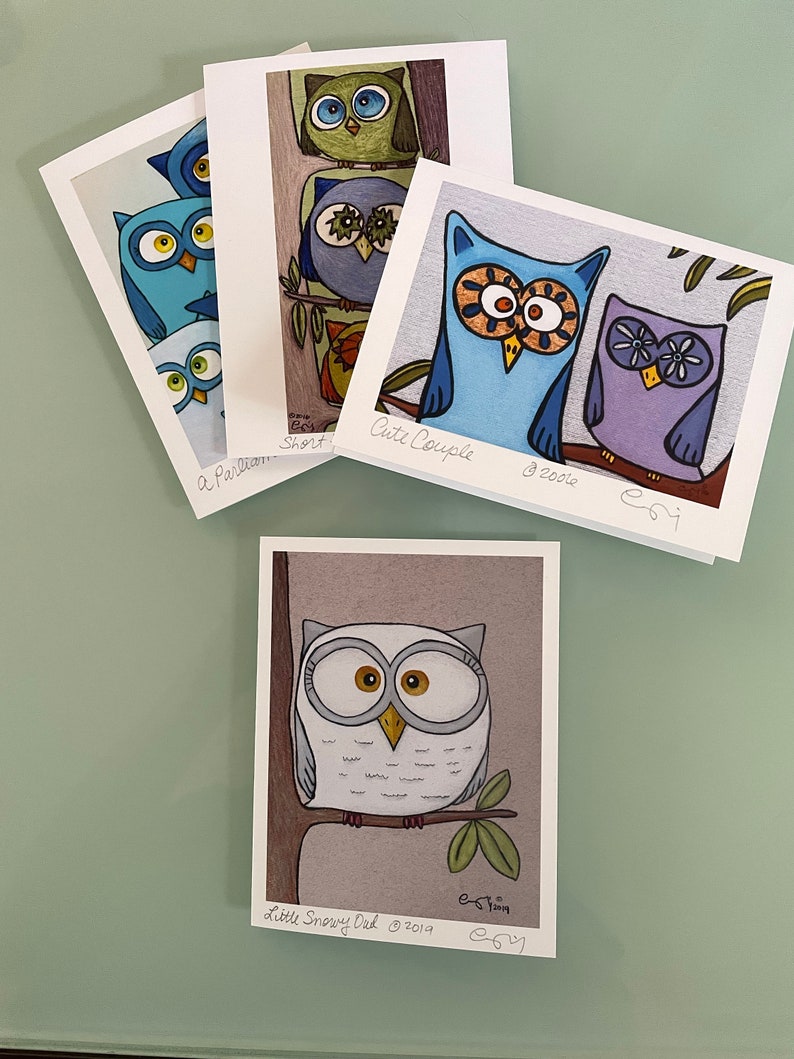 Cute Owl Cards Set, Boxed Owl Note Cards, Art Notecards, Gifts for Bird Lover, Gifts for Teachers, Gift Under 30, Colorful Owl Art Cards Set image 5