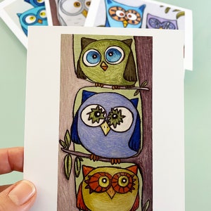 Cute Owl Cards Set, Boxed Owl Note Cards, Art Notecards, Gifts for Bird Lover, Gifts for Teachers, Gift Under 30, Colorful Owl Art Cards Set image 10