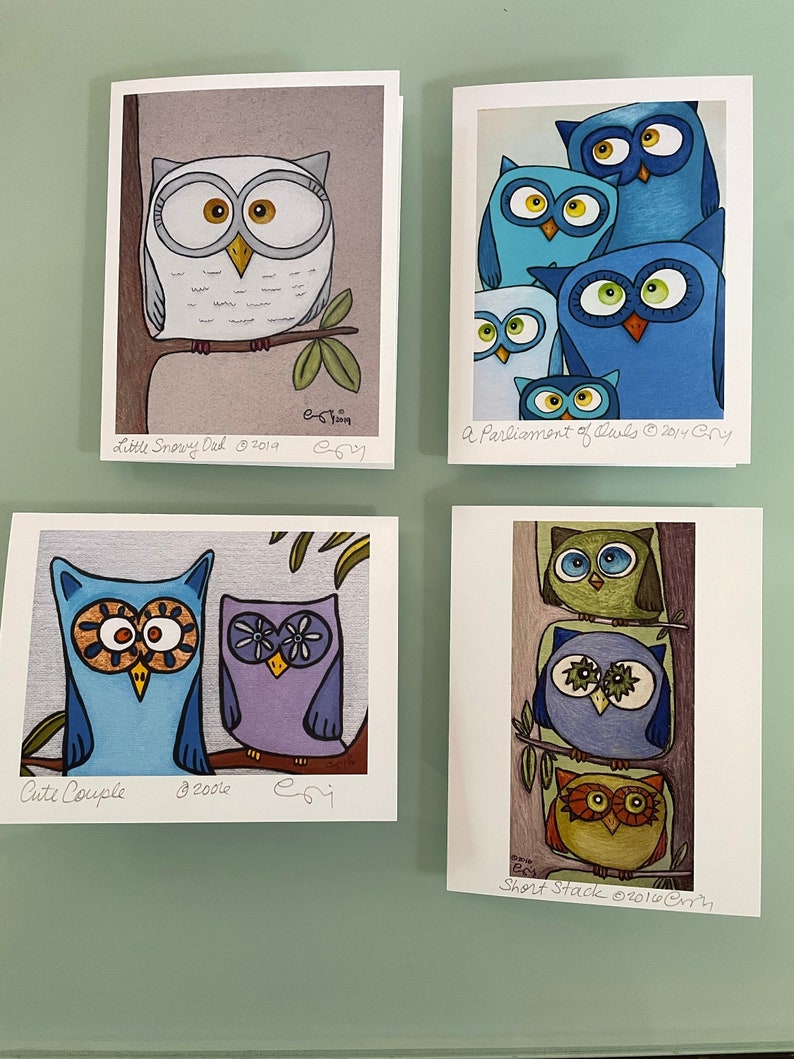 Cute Owl Cards Set, Boxed Owl Note Cards, Art Notecards, Gifts for Bird Lover, Gifts for Teachers, Gift Under 30, Colorful Owl Art Cards Set image 1