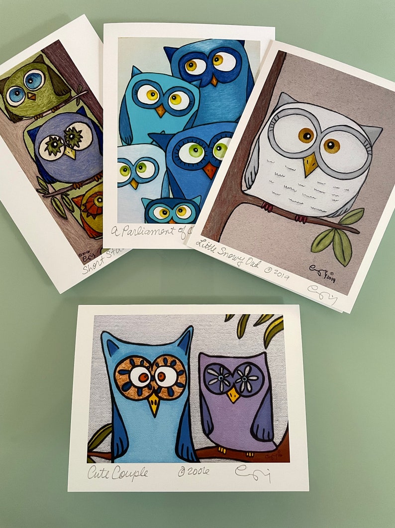 Cute Owl Cards Set, Boxed Owl Note Cards, Art Notecards, Gifts for Bird Lover, Gifts for Teachers, Gift Under 30, Colorful Owl Art Cards Set image 2