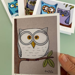 Cute Owl Cards Set, Boxed Owl Note Cards, Art Notecards, Gifts for Bird Lover, Gifts for Teachers, Gift Under 30, Colorful Owl Art Cards Set image 4