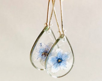 Silver mini teardrop earrings baby blue real natural dried pressed forget me not flower set in resin PNW terrarium flowers something blue