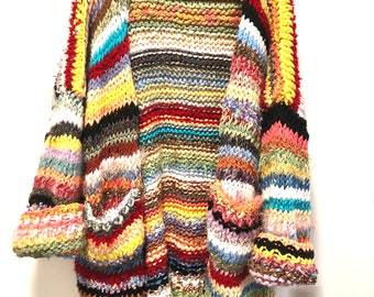 MAXI COAT long cardigan sweater knit cozy warm chunky thick yarn gift lounge boho stripe multicolor one of a kind jacket heavy multicolor