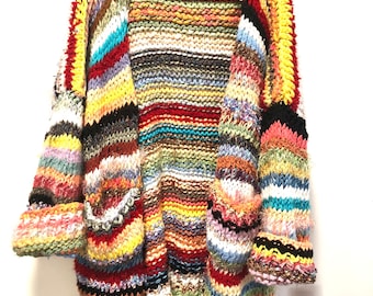 MAXI COAT suéter longo cardigan tricotado aconchegante quente grosso fio grosso presente salão boho listra multicolorido jaqueta única pesada multicolorida