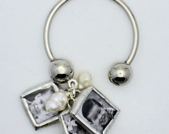 Custom photo MINI charm keychain 1/2 inch glass square soldered reversible with freshwater pearl dangle key chain memory