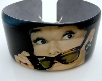Audrey Hepburn INCOGNITO Resin art cuff bangle bracelet Vintage celebrity icon photo wide band lightweight photograph picture jewelry