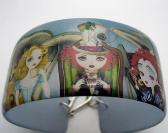 Alice's Mad Tea Party Resin art cuff bangle bracelet - featuring original wonderland artwork by Sandragrafik