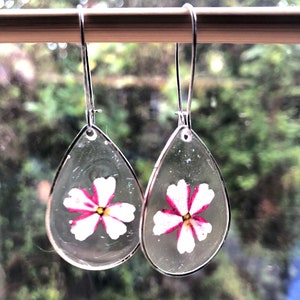 Silver teardrop earrings real natural dried pressed flower set in resin PNW terrarium flowers pink verbena boho fairy ear wires handmade image 3