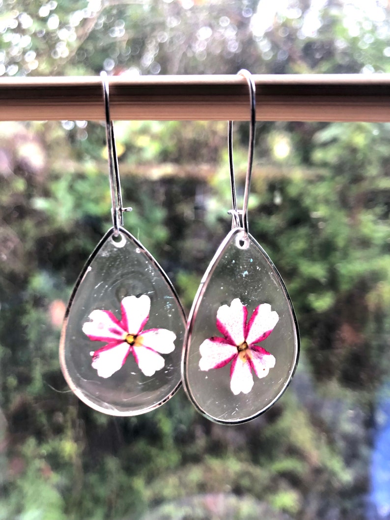 Silver teardrop earrings real natural dried pressed flower set in resin PNW terrarium flowers pink verbena boho fairy ear wires handmade image 3