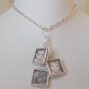 CUSTOM MULTIPLE PHOTO memory keepsake charm necklace 3 soldered glass dangle pendants on silver plated link chain with crystals image 1