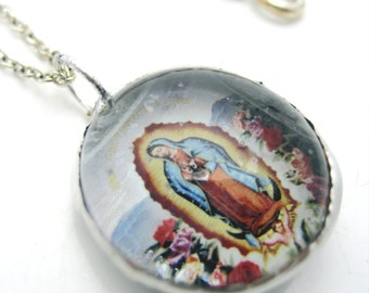 OUR LADY of GUADALUPE saint virgin glass bubble charm on 18 inch sterling silver link chain virgin de catholic saint saints prayer
