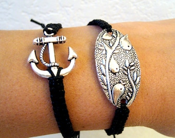 3 passarinhos oval quadrado nó charme pulseira ajustável estilo surfista preto amizade braço doce