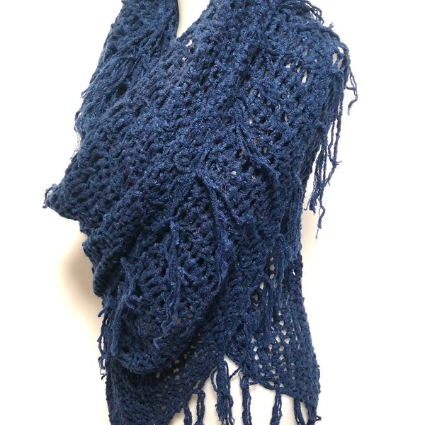 Crochet shawl scarf wrap INDIGO blue poncho knit cozy warm soft thick fringe triangle navy vegan yarn gift lounge cobalt boho sweater open