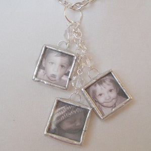 CUSTOM MULTIPLE PHOTO memory keepsake charm necklace 3 soldered glass dangle pendants on silver plated link chain with crystals image 3