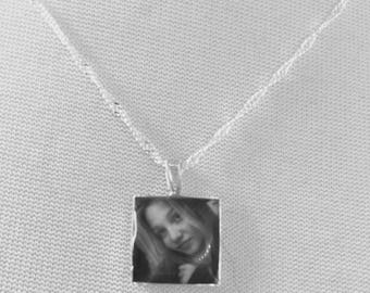 Custom dainty silver square resin photo charm pendant on 18 inch water wave link shiny chain customized with your picture
